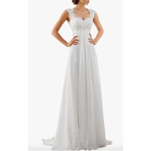 Abaowedding Sleeveless White Lace Wedding Gown BOHO Empire Waist Size 8
